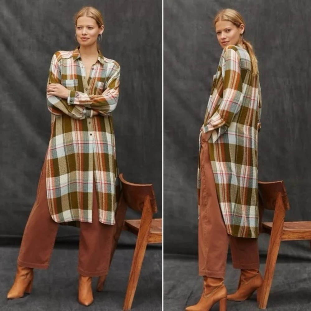 PILCRO x ANTHROPOLOGIE Side Slit Maxi Tunic Button Down Shirt Shirtdress Duster - Picture 1 of 15
